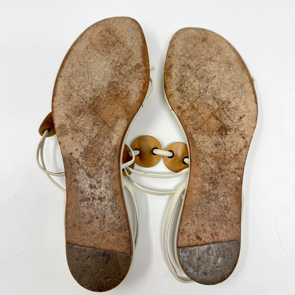 Chanel Flat Thong Sandals Cream with Brown Leather Medallions